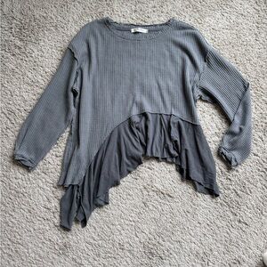 Free People Vada Thermal Oversized Charcoal Asymmetrical Ruffle Top